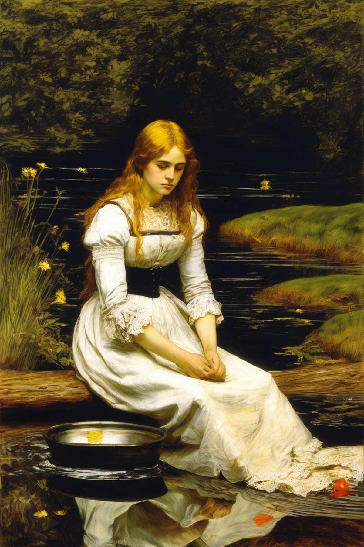 John Everett Millais Style - tu reflejo en el agua y el campo de papeles escritos. Ofelia escribe una carta.Estilo John Ev...